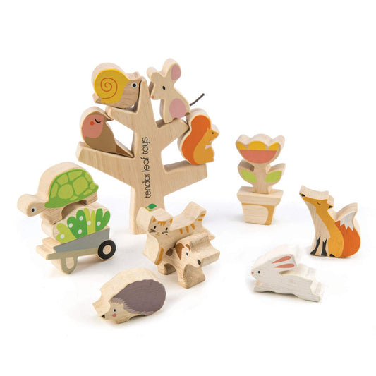 Tender Leaf Toys - Stacking Garden Friends 14 Piece Wooden Stacking and Balancing Toy & Educational Game WITH FREE TRAVEL BAG- STEM Toy- Early Learning for Age 18m+
