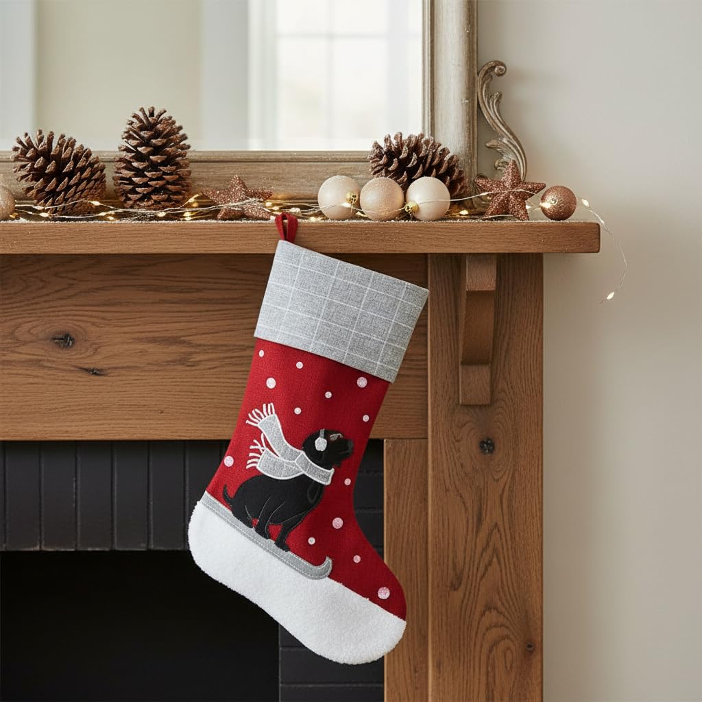 Comfy Hour Winter Holiday Home Collection 18"x11" Snowing Scarf Dog On Sleigh Stocking Christmas Decoration, Polyester
