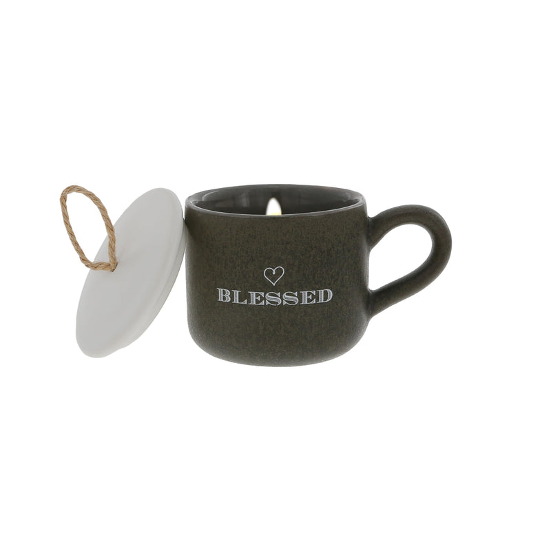 Pavilion - Blessed - 2 oz Mini Candle in 2.5 Oz Espresso Shot Glass Mug with Lid Religious God Jesus Christ Mom Friend Gift Present to:/from: Gift Tag