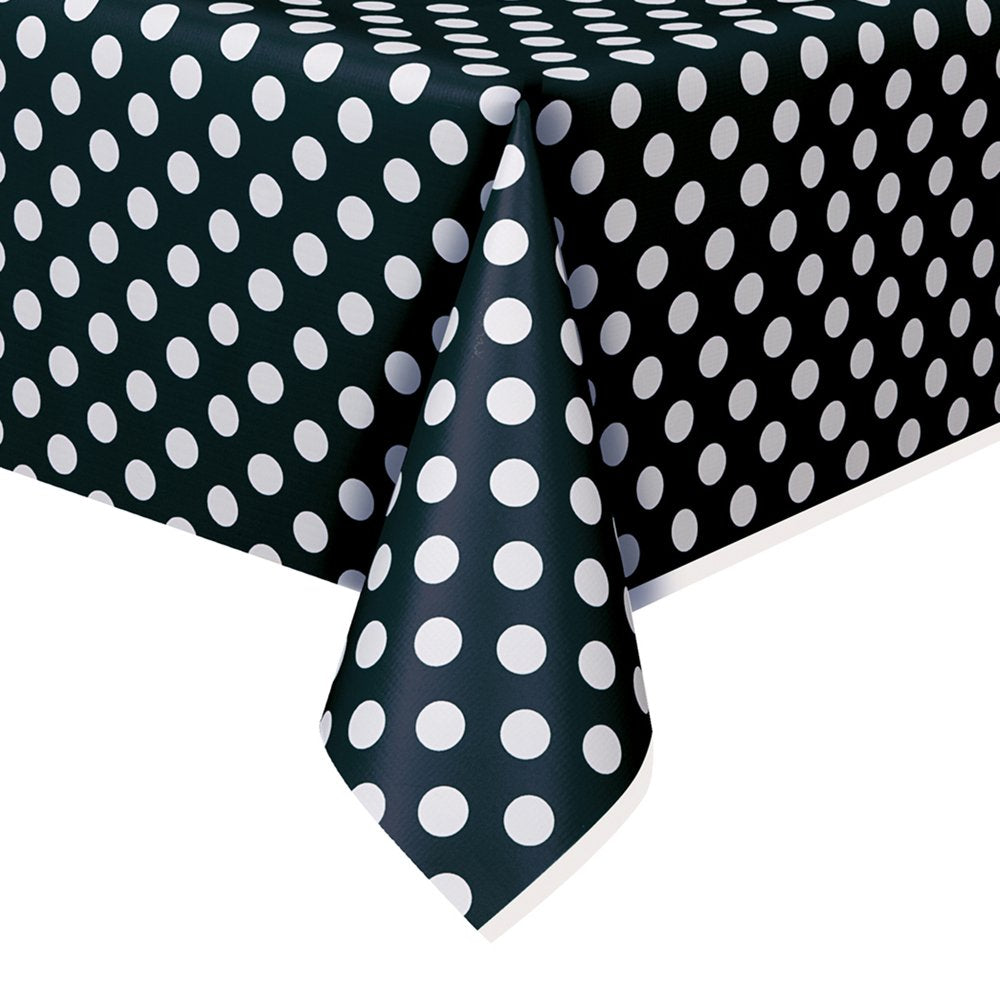 Unique Industries Polka Dot Plastic Tablecloth, 108" x 54", Black
