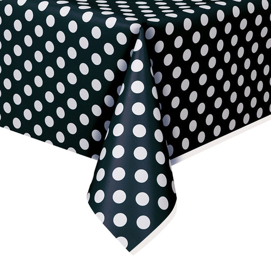 Unique Industries Polka Dot Plastic Tablecloth, 108" x 54", Black