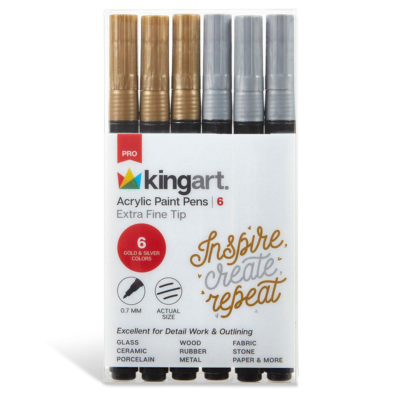 KINGART 453-6B PRO Gold & Silver 6 Ct.(3 ea.) Extra Fine Paint Pens, 0.7mm Tip, Low-Odor Water-Based Quick Dry Acrylic Paint Markers for Rock, Wood, Metal, Plastic, Glass, Ceramic & More