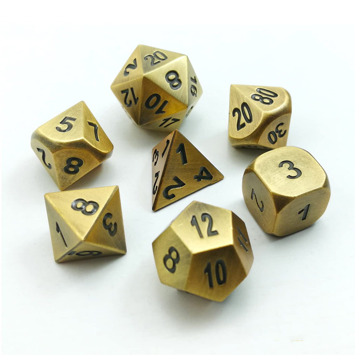 Bescon Dice Brass Solid Metal Polyhedral D&D Dice Set of 7 Copper Metal RPG Role Playing Game Dice 7pcs Set