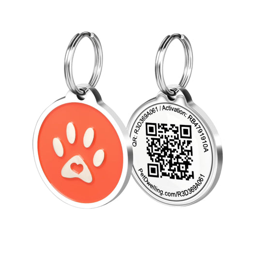 Pet Dwelling 2D QR Code Pet ID Tag - Dog Tags - Cat Tags, Link to Online Pet Profile, Instant Email Alert with Scan QR Tag GPS Location (Orange Paw 2D)