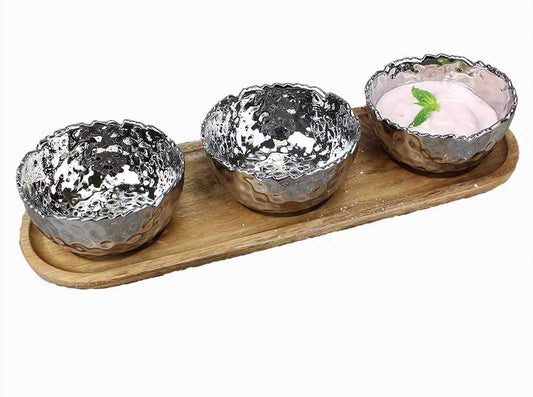 Pampa Bay Millenium - 3 Porcelain Bowls on Acacia Wood Tray