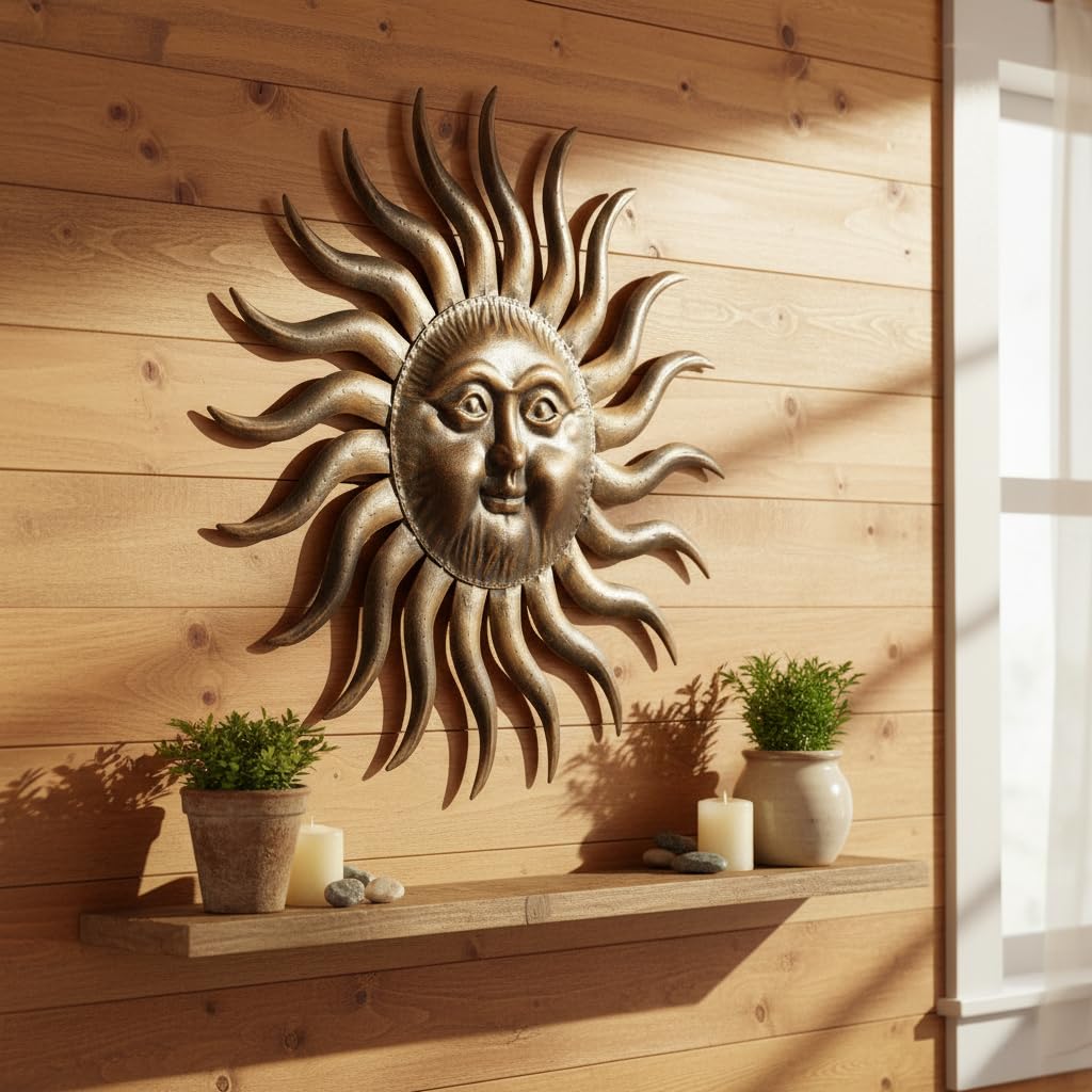 Comfy Hour 31 Inch Large Metal Sun Wall Art, 3D Sunface Decor