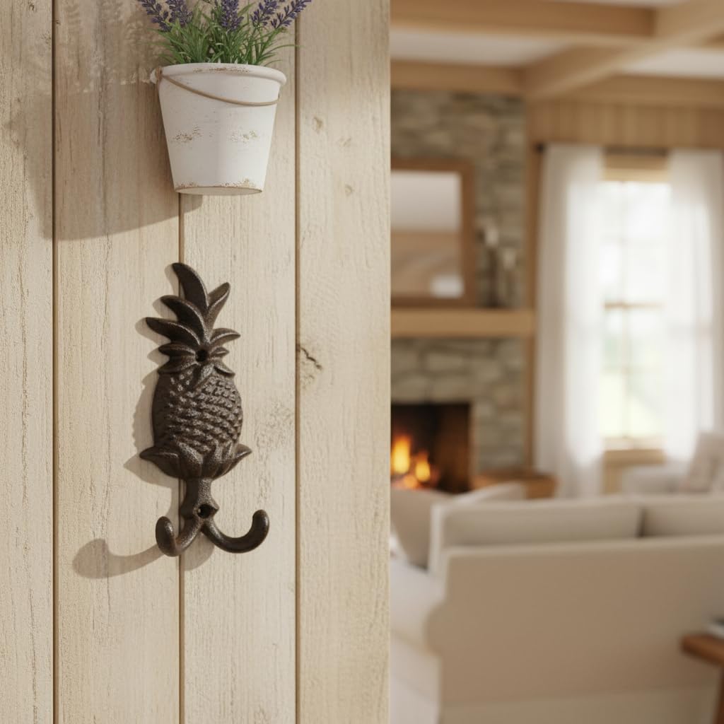 Comfy Hour Antique & Vintage Interior Decor Collection Cast Iron Pineapple Double Key Coat Hooks Clothes Rack Wall Hanger Heavy Duty Recycled Gift Idea