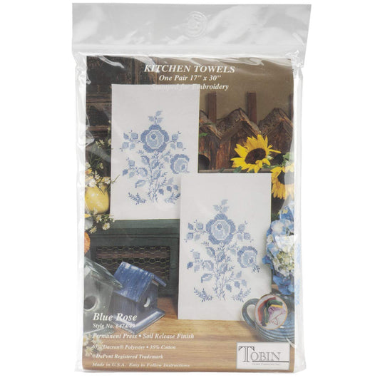 Design Works Crafts Tobin Blue Rose Stamped for Embroidery Towels