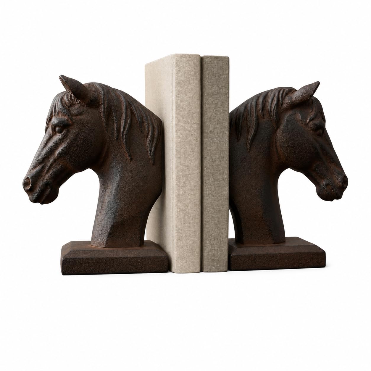 Comfy Hour Farmhouse Home Decor Collection 5" Length 7" Height Set 2 Horse Head Bookends Art Bookend, 1 Pair, Antique Style, Heavy Weight, Brown Rust Effect, Polyresin