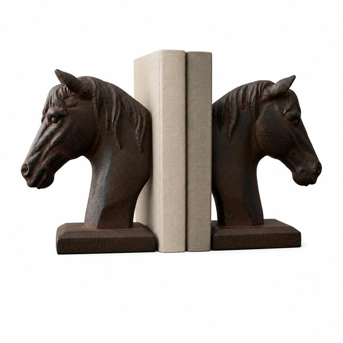 Comfy Hour Farmhouse Home Decor Collection 5" Length 7" Height Set 2 Horse Head Bookends Art Bookend, 1 Pair, Antique Style, Heavy Weight, Brown Rust Effect, Polyresin