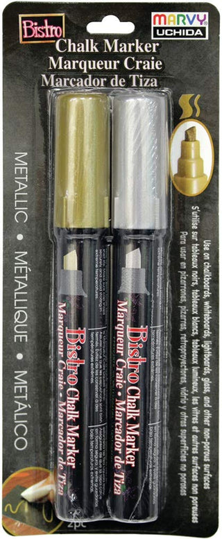 UCHIDA 048302M Bistro Chalk Marker Chisel Tip 2 Pc Metallic Set Gold & Silver