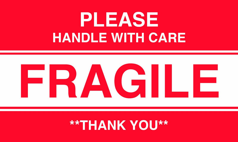 MACO - Please Handle With Care - Fragile - Thank You - Label, 3 x 5 Inches, Red/White, 500 Labels/Roll, 1 Roll Each (MDWFC8)