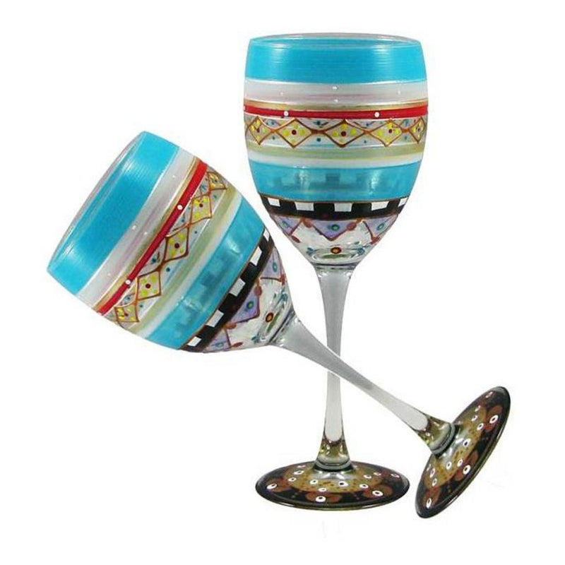 Golden Hill Studio Hand Painted Wine Glasses Set of 2 - Moroccan Mosaic Carnival Collection - Hand Painted Glassware by USA Artists - Unique and Decorative Wine Glasses, Kitchen Table Décor