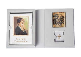 Roman Communion Folder 4 Piece Gift Set for Boy - Includes Prayer Book, Rosary with Box and Pin