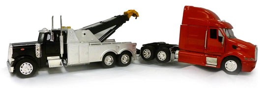 New Ray Toys Peterbilt Black Tow Truck with Red Peterbilt Cab 1/32 Scale Pre-Built Diecast Model Set