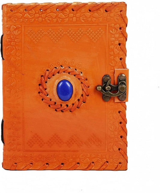 TUZECHLeather Journal Large Writing Notebook - Handmade Leather Bound Vintage Journal For Women and Men with Lock And Semi-Precious Stone Gift For Art Sketchbook, Travel Diary And Notebooks To Write In 7 by 5 Inches (Orange)