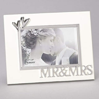 Roman Mr & Mrs 2 Hearts Ivory With Silver Tone Accents 9 x 7 Wood Photo Frame