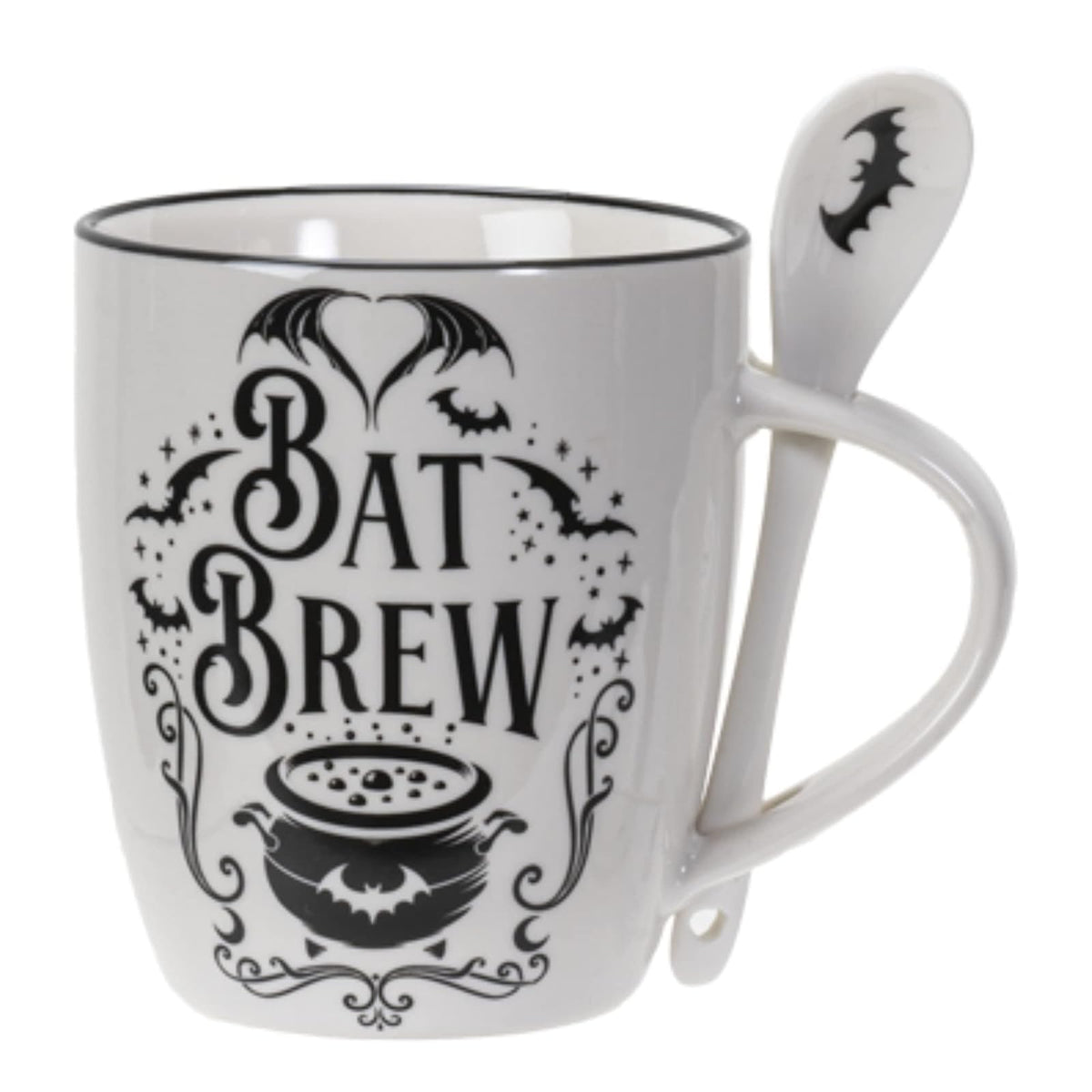 Pacific Trading Giftware Bat Brew Mug and Spoon Set, Gothic China Tea Kit with 2 Pieces, 5.31 Inches x 3.78 Inches x 4.29 Inches, 13 FL OZ