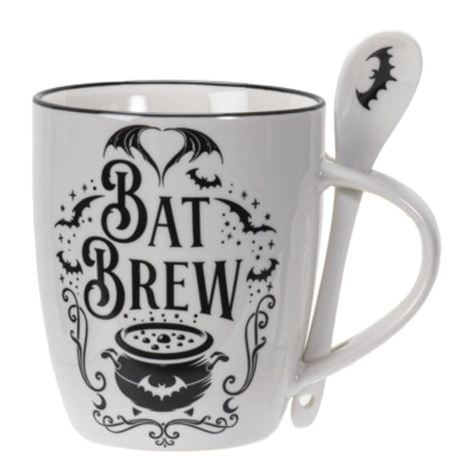 Pacific Trading Giftware Bat Brew Mug and Spoon Set, Gothic China Tea Kit with 2 Pieces, 5.31 Inches x 3.78 Inches x 4.29 Inches, 13 FL OZ