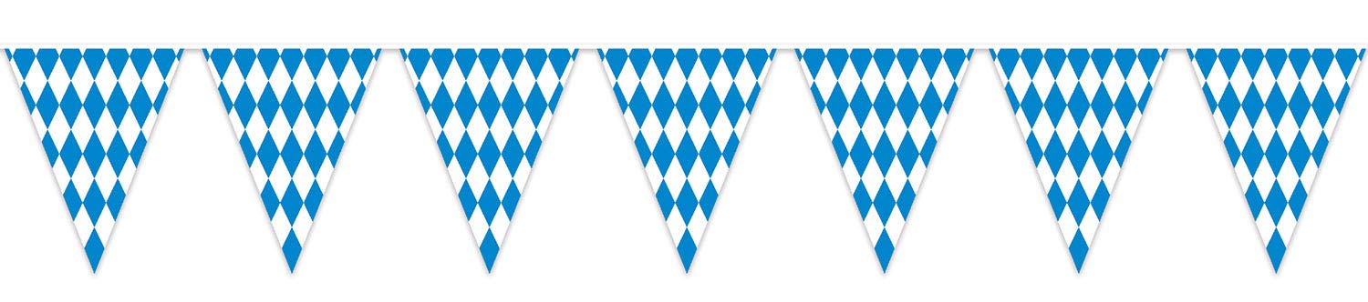 Beistle Plastic Oktoberfest Bavarian Pennant Banner for German Theme Party Supplies, 11" x 12', Blue/White