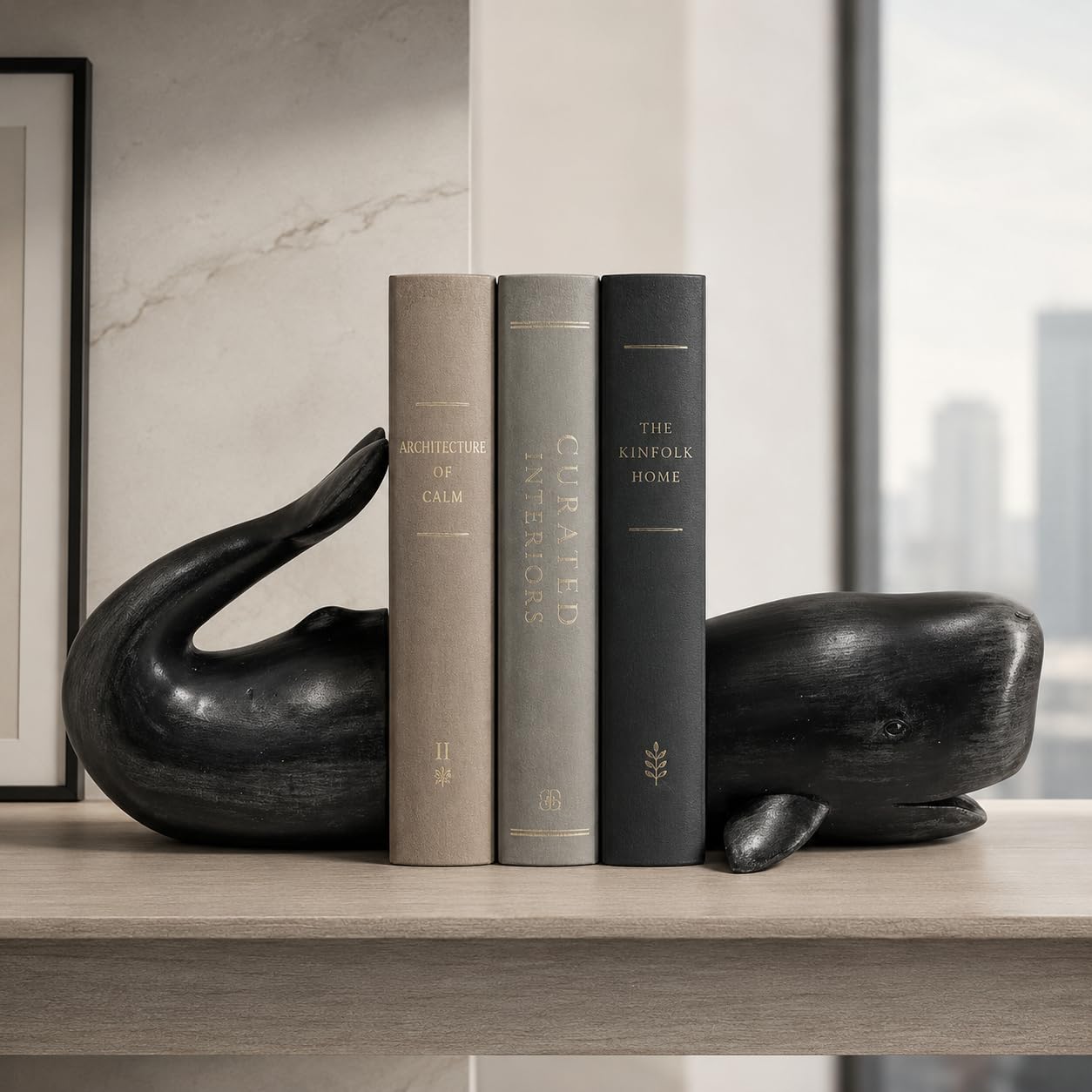 Comfy Hour Farmhouse Home Decor Collection Resin Set 2 Whale Bookends Art Bookends Solid Heavy Weight, Black