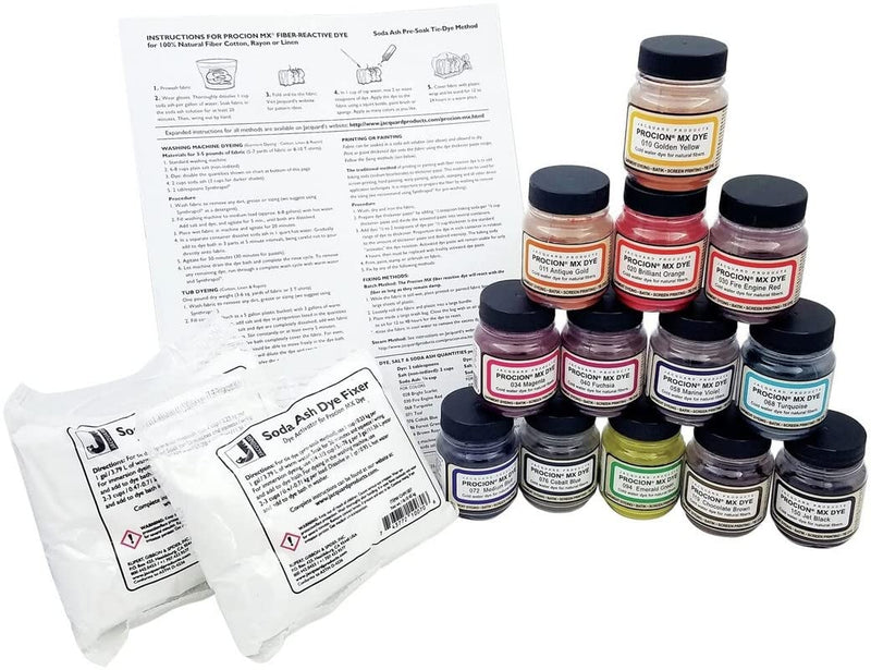 Procion MX Dye Color Set, Includes 13-2/3 Ounce Jars, 2-1lb Soda Ash Dye Fixer, Instruction Sheet, Color Chart