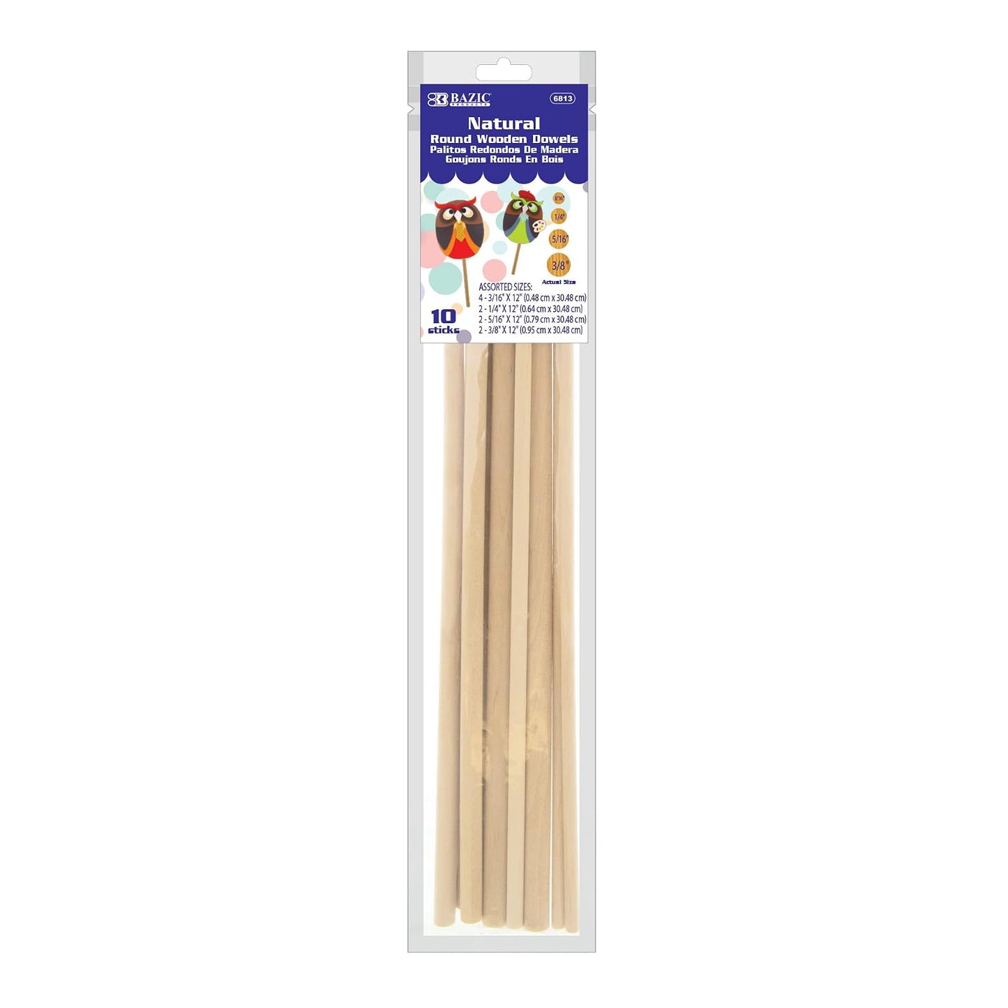 BAZIC Wooden Dowel Rods Wood Sticks, Assort Size Round Natural Hardwood Stick, Unfinished Wood for Crafts Lollipops Cake Support (10/Pack), 1-Pack