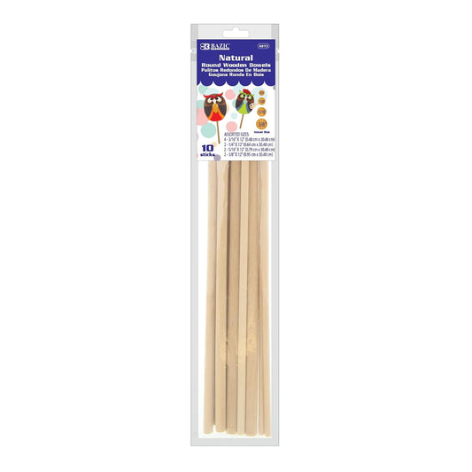 BAZIC Wooden Dowel Rods Wood Sticks, Assort Size Round Natural Hardwood Stick, Unfinished Wood for Crafts Lollipops Cake Support (10/Pack), 1-Pack