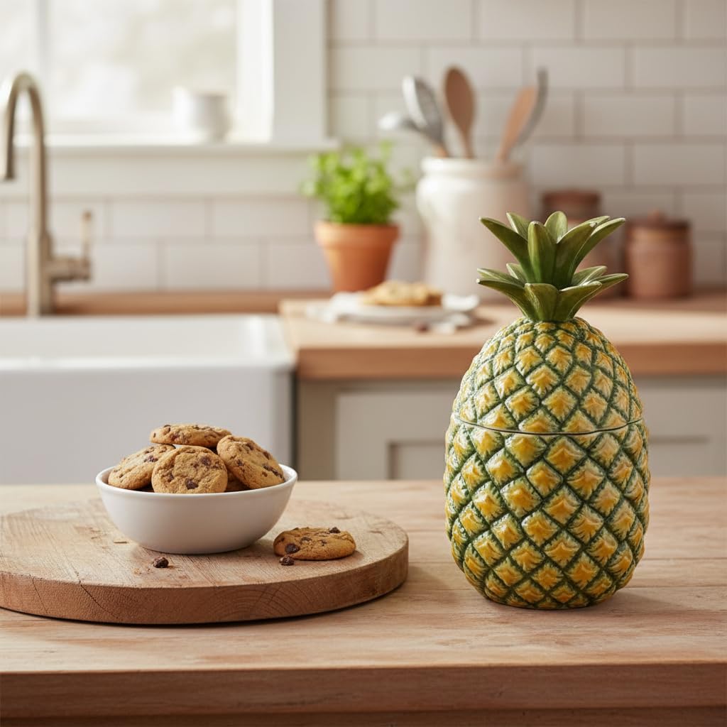 Comfy Hour Farmhouse Home Decor Collection 9" Pineapple Storage Jar Candy Jar Cooky Jar Cookie Jar with Lid, Green and Yellow, Dolomite