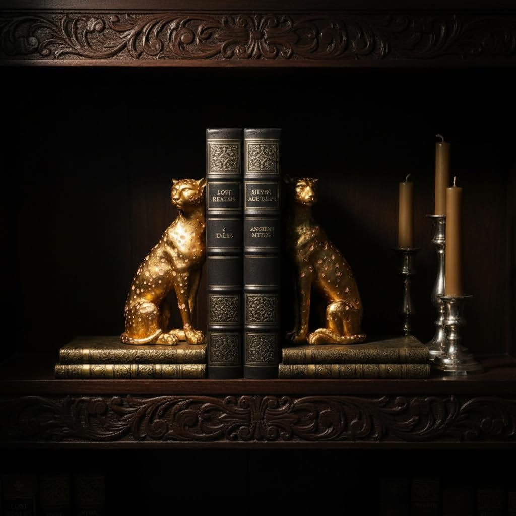 Comfy Hour Farmhouse Home Decor Collection Polyresin Solid Heavy Set of L/R Cheetah Art Bookends, 1 Pair, Gold