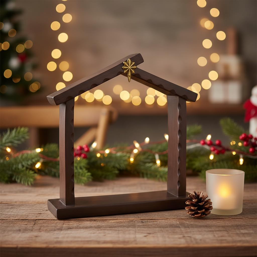 Comfy Hour 9.1 Inch Nativity Stable, Rustic Creche with Star