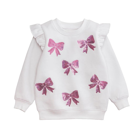 Mud Pie Sweatshirt, White, Kids Sequin Bow Sweatshirt
