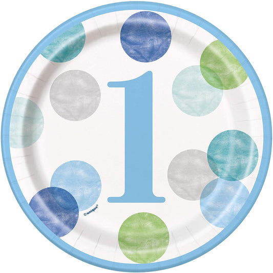 Unique Industries Blue Dots 1st Birthday Party Dessert Plates, 8 Ct.