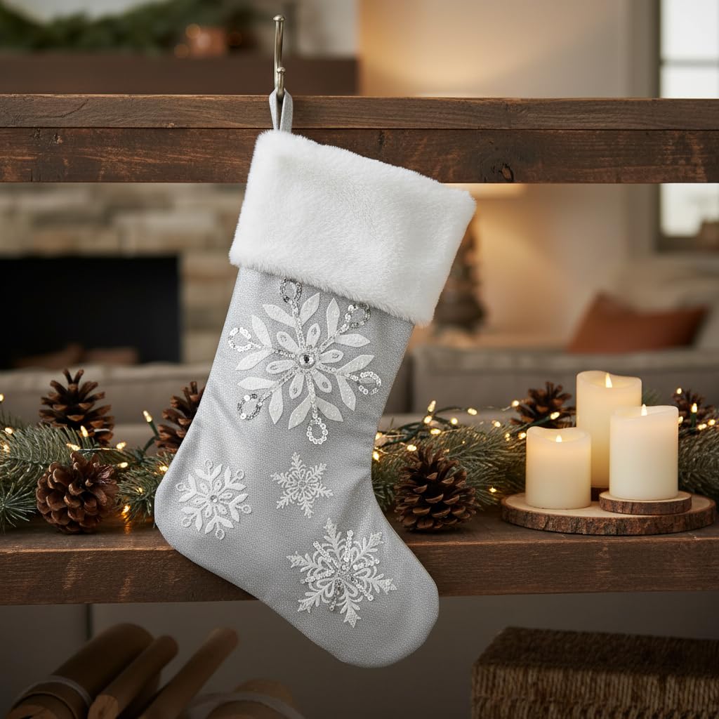 Comfy Hour 18 Inch Christmas Stocking, Silver Snowflake Decor, 1 Unit