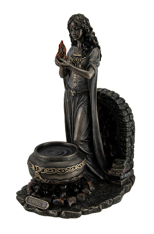 Unicorn Studio Resin Statues Brigid Goddess of Hearth & Home Standing Holding Sacred Flame Statue 7 X 9.5 X 5.5 Inches Bronze
