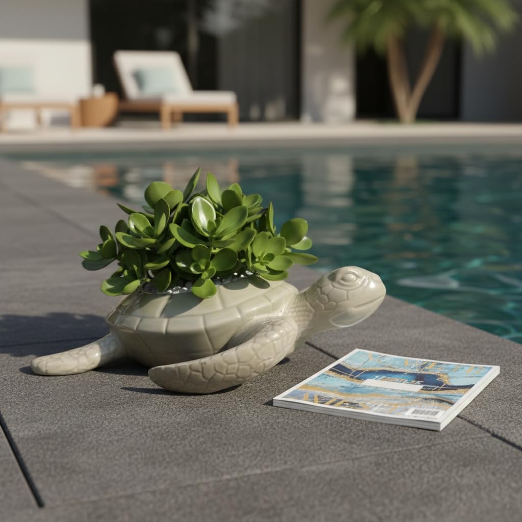 Comfy Hour 9" Ceramic Turtle Succulent Planter Flower Bud Pot Decorative Vase Small Plant Container, Palegreen