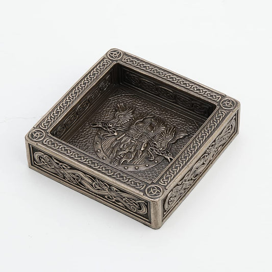Unicorn Studio Veronese Design 4" x 4" Odin Well Of Knowledge Tray With Metal Ashtray Attachment Cold Cast Bronzed Resin Sculpture Nordic Viking Square Candle Holder