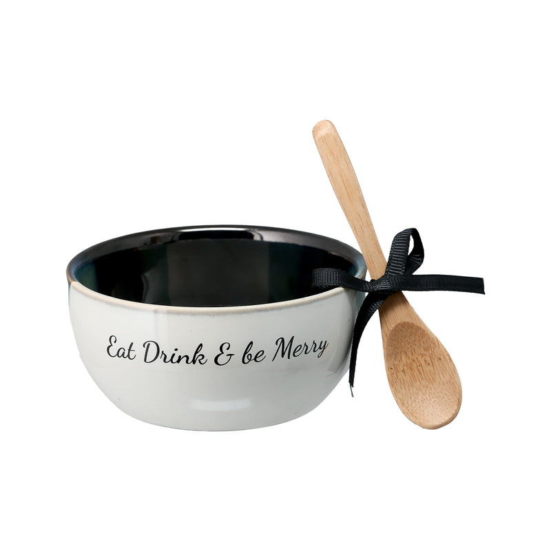 Pavilion - Eat Drink &amp; Be Merry - 4.5&quot; Dip Bowl &amp; Spoon Set Housewarming Apartmentwarming Neutral Decor Holiday Seasonal Christmas Gift Present