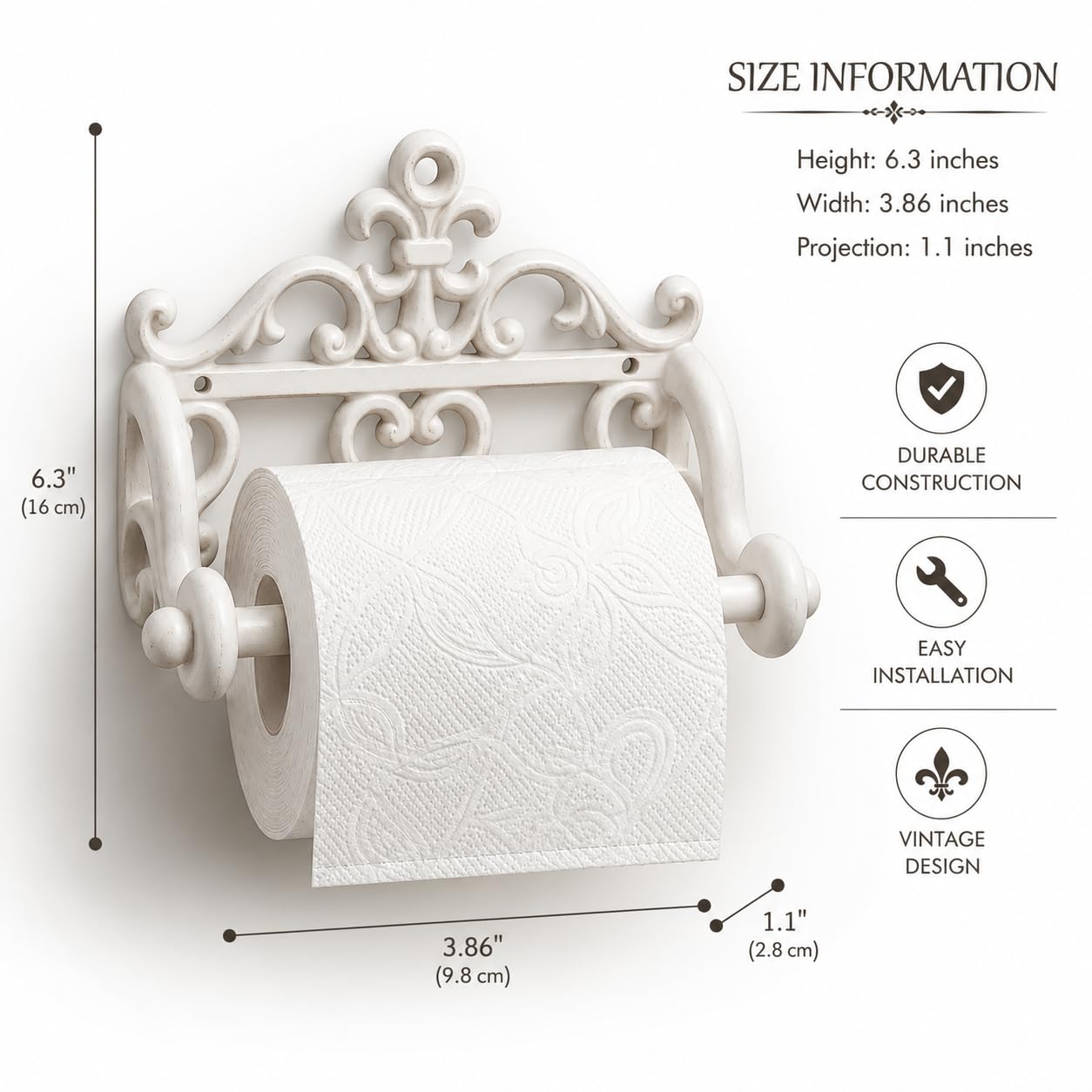 Comfy Hour 6.3 Inch Cast Iron Toilet Paper Holder, Vintage White