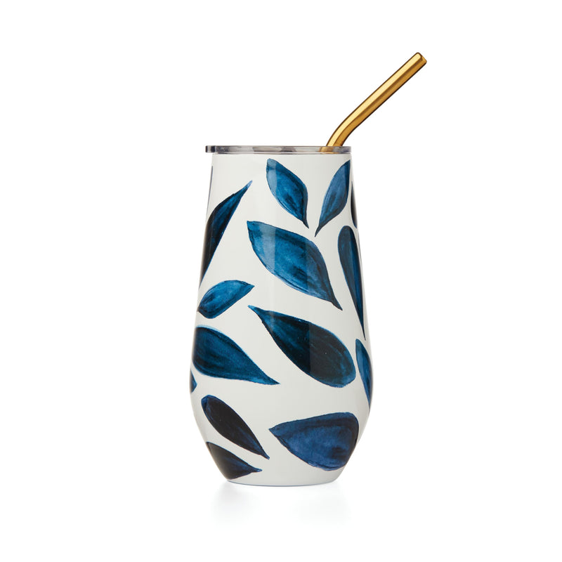 Lenox 895731 Blue Bay Leaf Pattern Stainless Steel Wine Tumbler With Straw