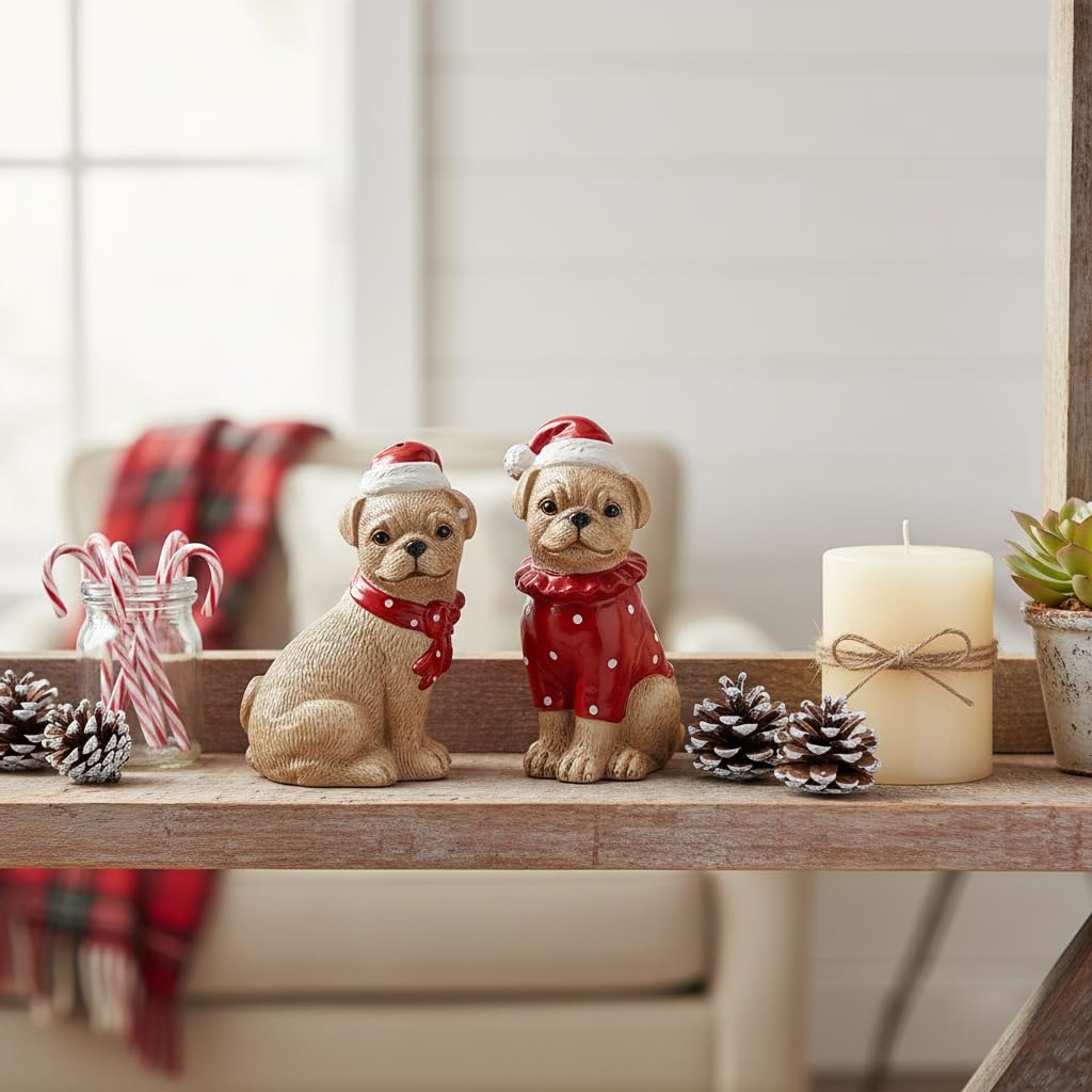 Comfy Hour Farmhouse Home Decor Collection Christmas Dog Friends Salt & Pepper Set, Brown & Red, Santa Hat, Holiday, Dolomite