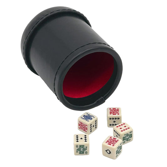 CHH SS-CQG-7815 Black/Cream Color Deluxe Leather Like Dice Cup with 5 Poker Dice