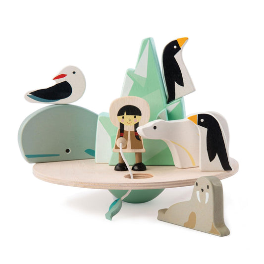 Tender Leaf Toys - Balancing Arctic Circle - 8 Piece Wooden Stacking and Balancing Toy & Educational Game with Travel Bag for Age 3+