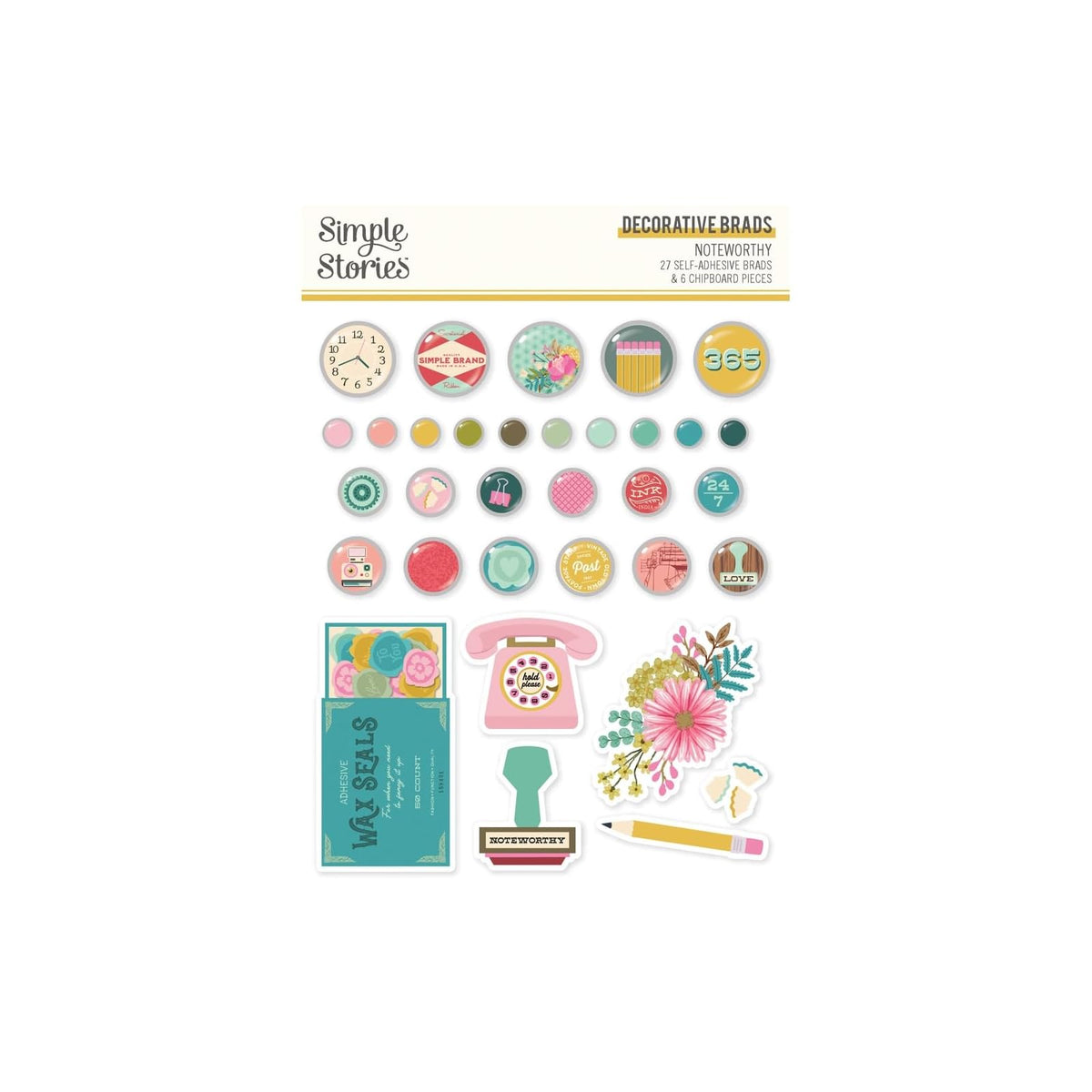 Simple Stories Art Supplies, 27 Brads, 6 Chipboard
