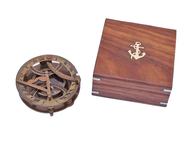 Hampton Nautical Antique Brass Round Sundial Compass with Rosewood Box, 6"