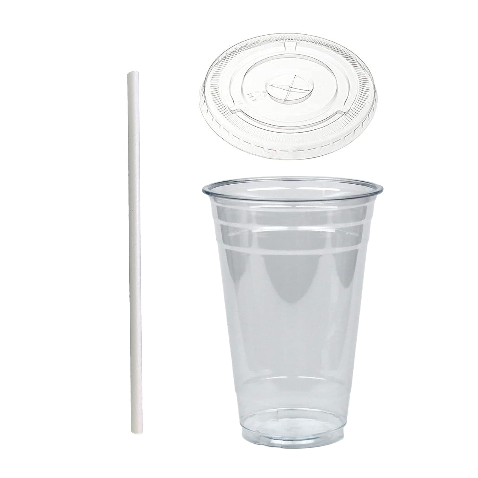 DHG PROFESSIONAL Disposable 20 oz Plastic Crystal Clear Cups with Flat Lids and Paper Straws - For Summary Beverage, Party, to-go (50)