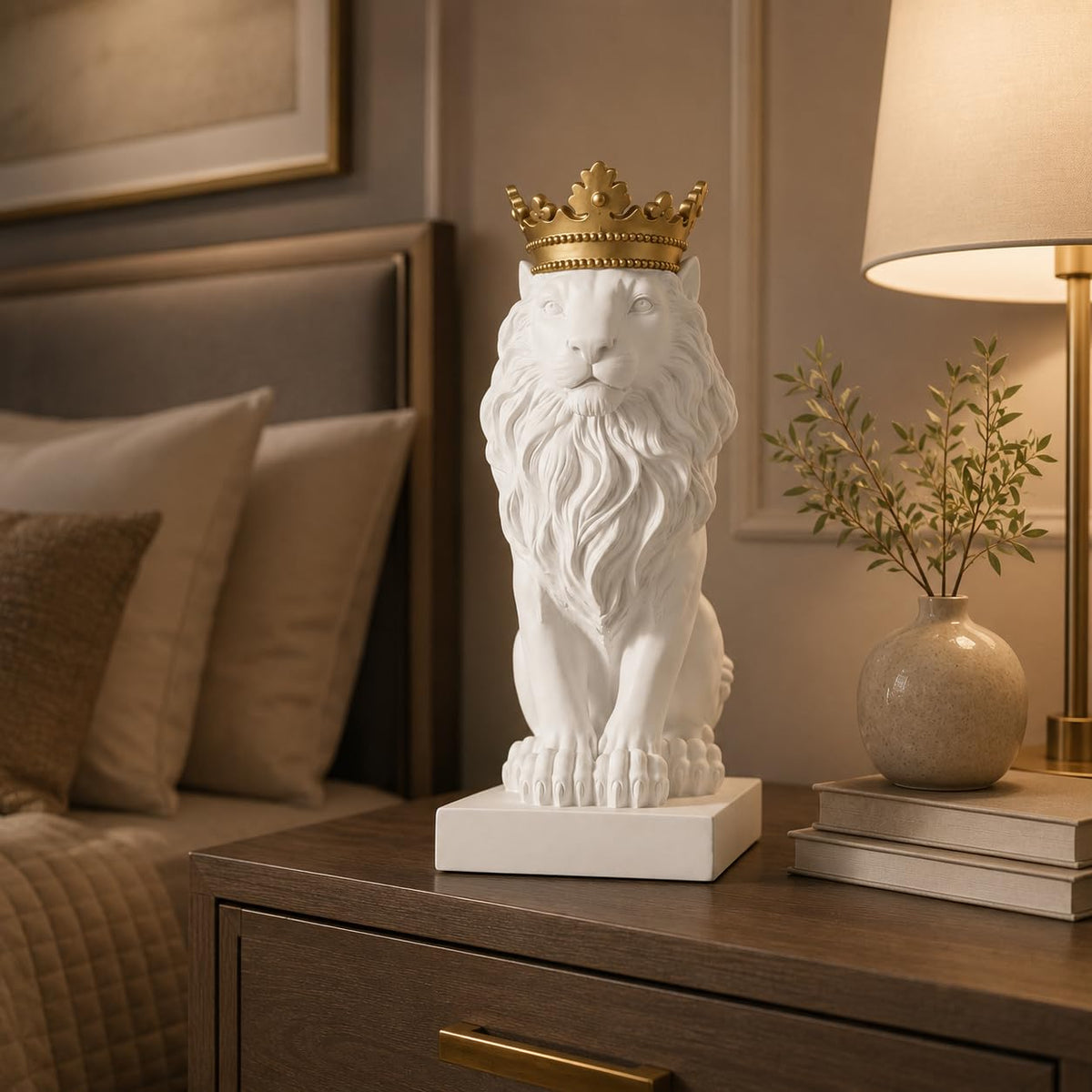 Comfy Hour Farmhouse Home Decor Collection 15" Resin Stone Lion Figurine King of Forest Statue Sculpture Home Decoration, White & Gold