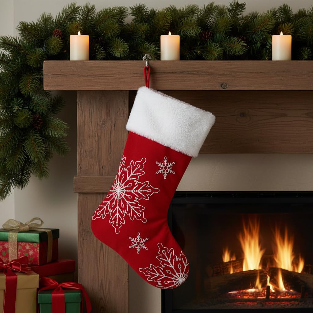 Comfy Hour Winter Holiday Home Collection 18"x11" Christmas Winter Snowflake Stocking, Red, Polyester