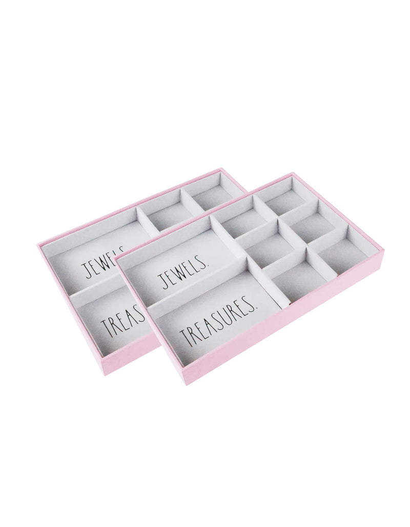 Rae Dunn Jewelry Tray - Jewelry Drawer Organizer - Set of 2 Stackable Jewelry Organizer Trays - Storage Box for Earring, Ring, Bracelet, Necklace - Stacking Insert for Drawers, Vanity Display - Pink