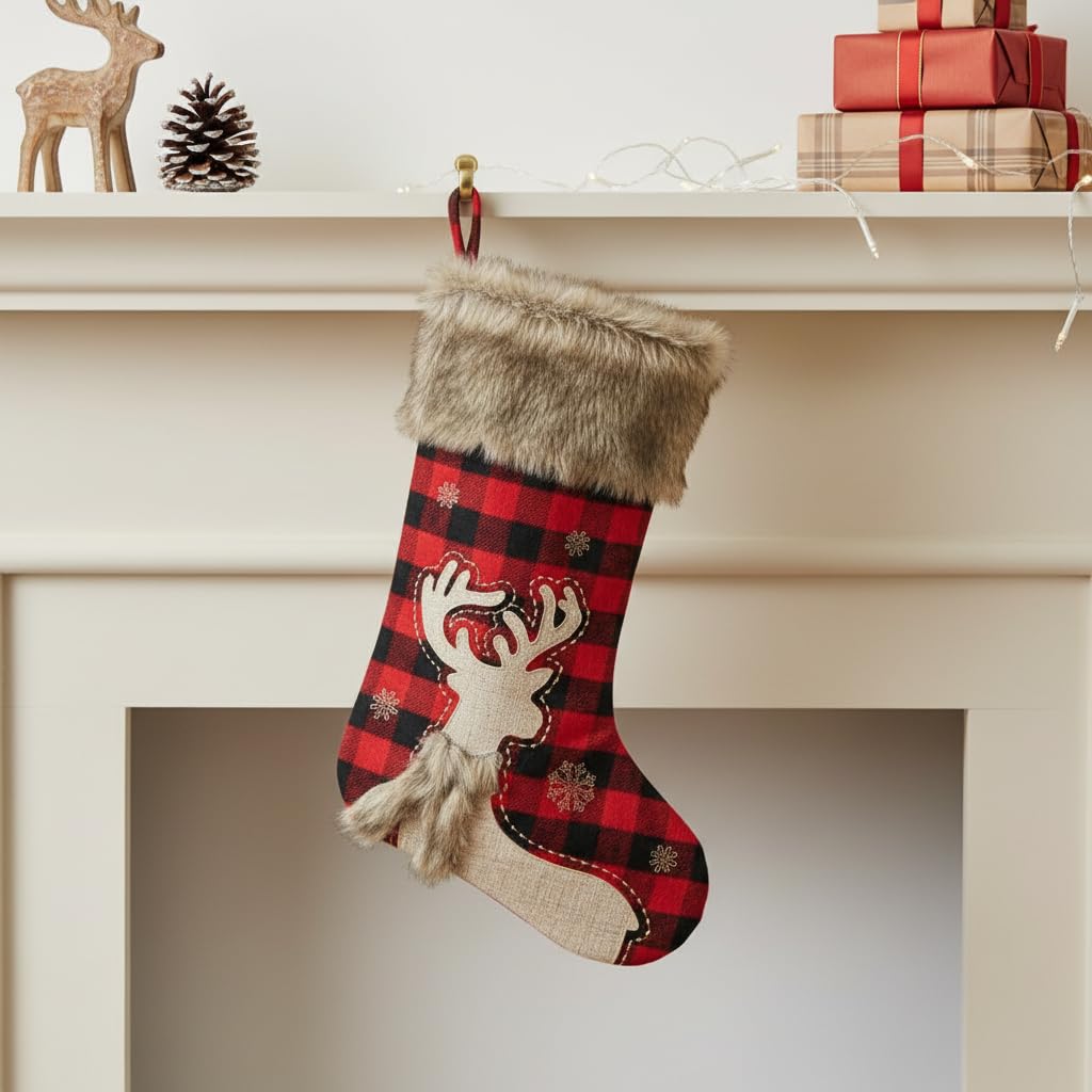 Comfy Hour 20 Inch Deer Christmas Stocking, Buffalo Plaid, 1 Piece